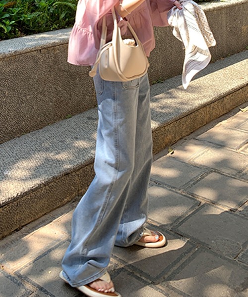 セール】【 S／M／Lサイズ展開 】フラワー刺繍ポケットワイドデニム