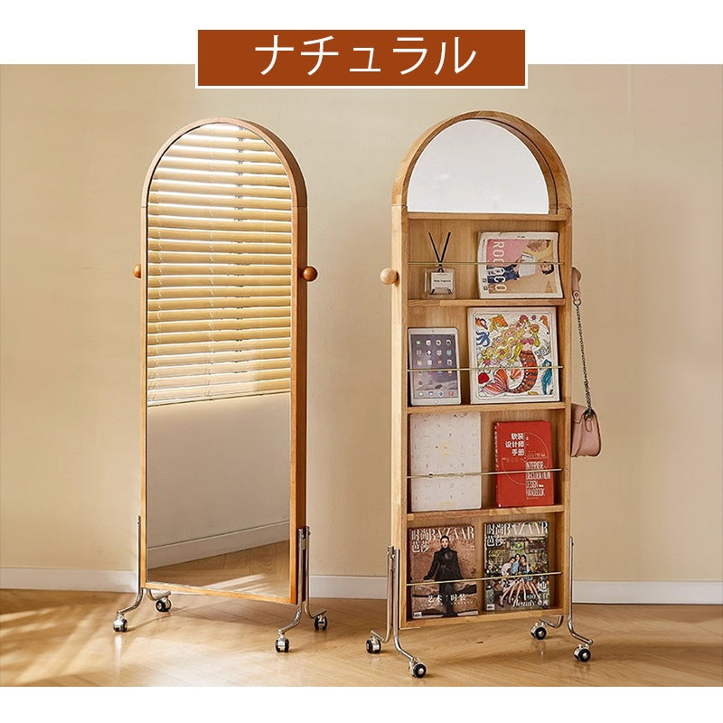 スタンドミラー・全身・ラック・鏡付き・木製・要組立品・全身鏡・収納