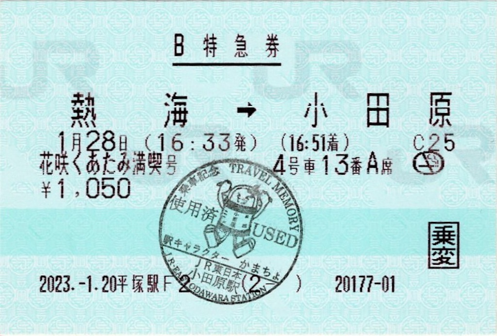 本日の使用切符：JR東日本 平塚駅発行 花咲くあたみ満喫号 熱海