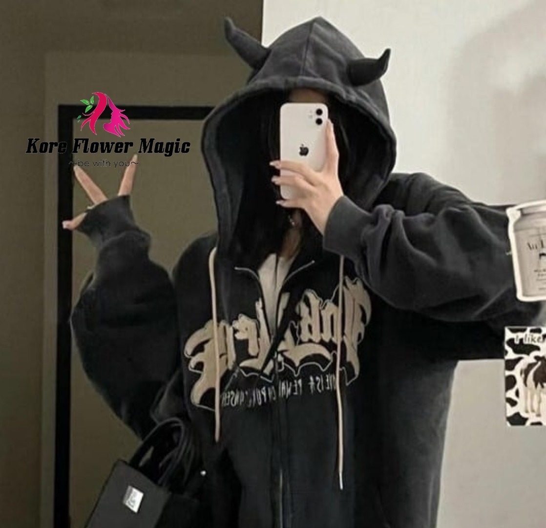 ジップパーカー 小悪魔フード ビッグロゴ オーバーサイズ ルーズ