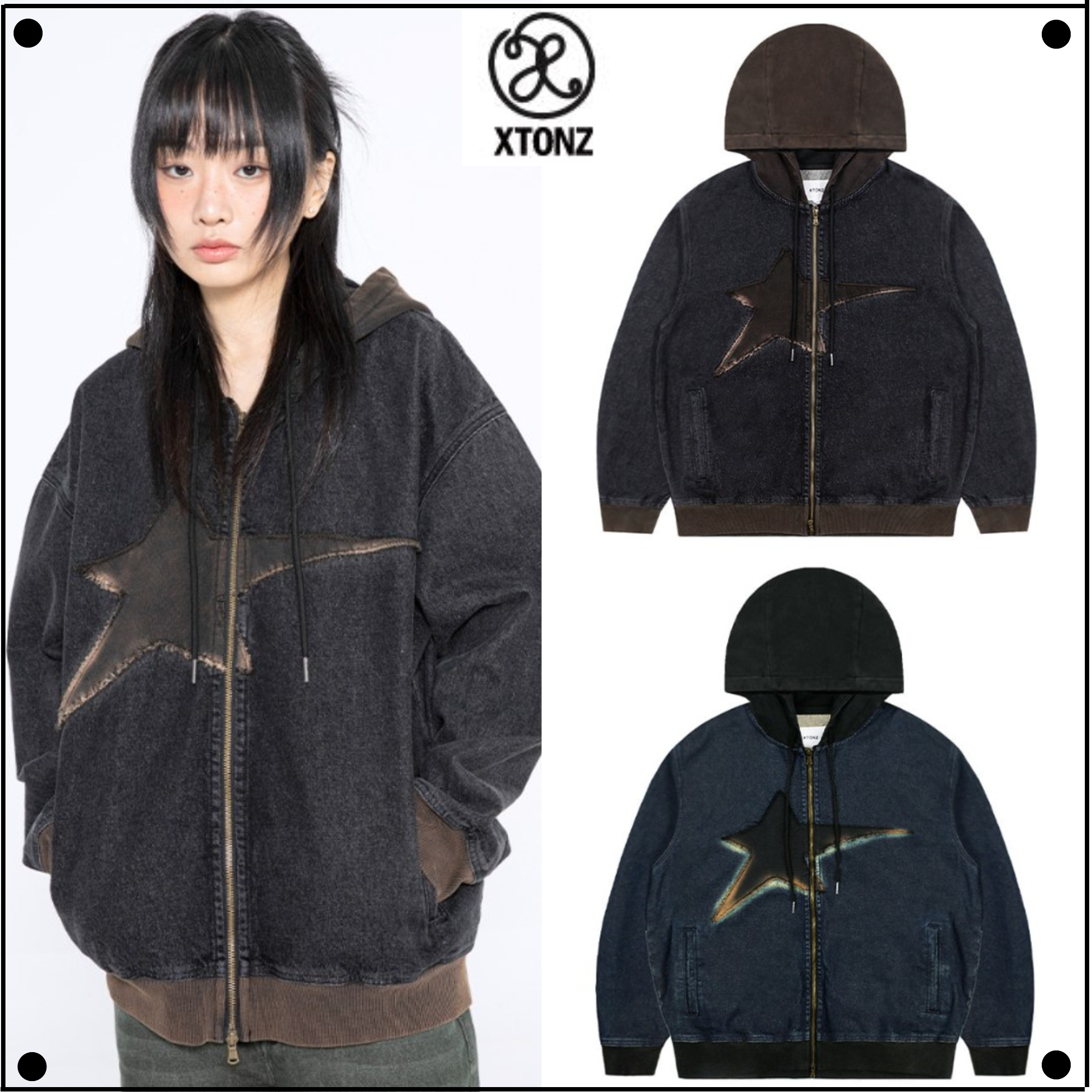 XTONZのXTT061 Vintage Washing Star Denim Hooded Zip-Up 全2色