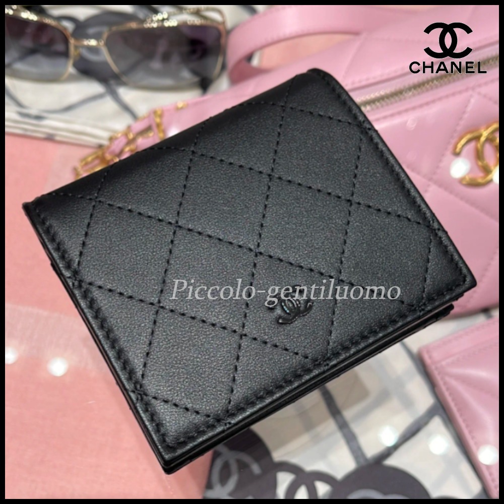 25C☆大人気なオールブラック】シャネル 二つ折り財布 (CHANEL