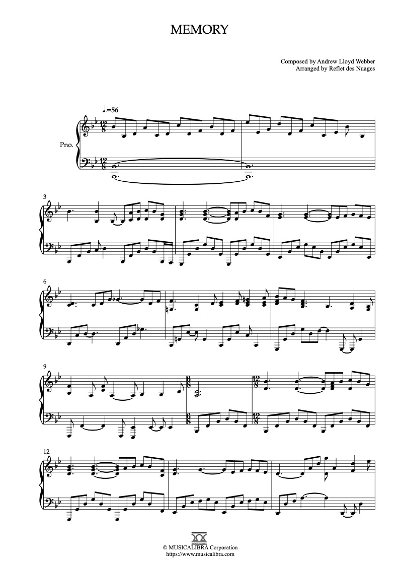 PIANO SOLO 楽譜] Memory ピアノ 編曲 楽譜 : MUSICALIBRA JAPAN