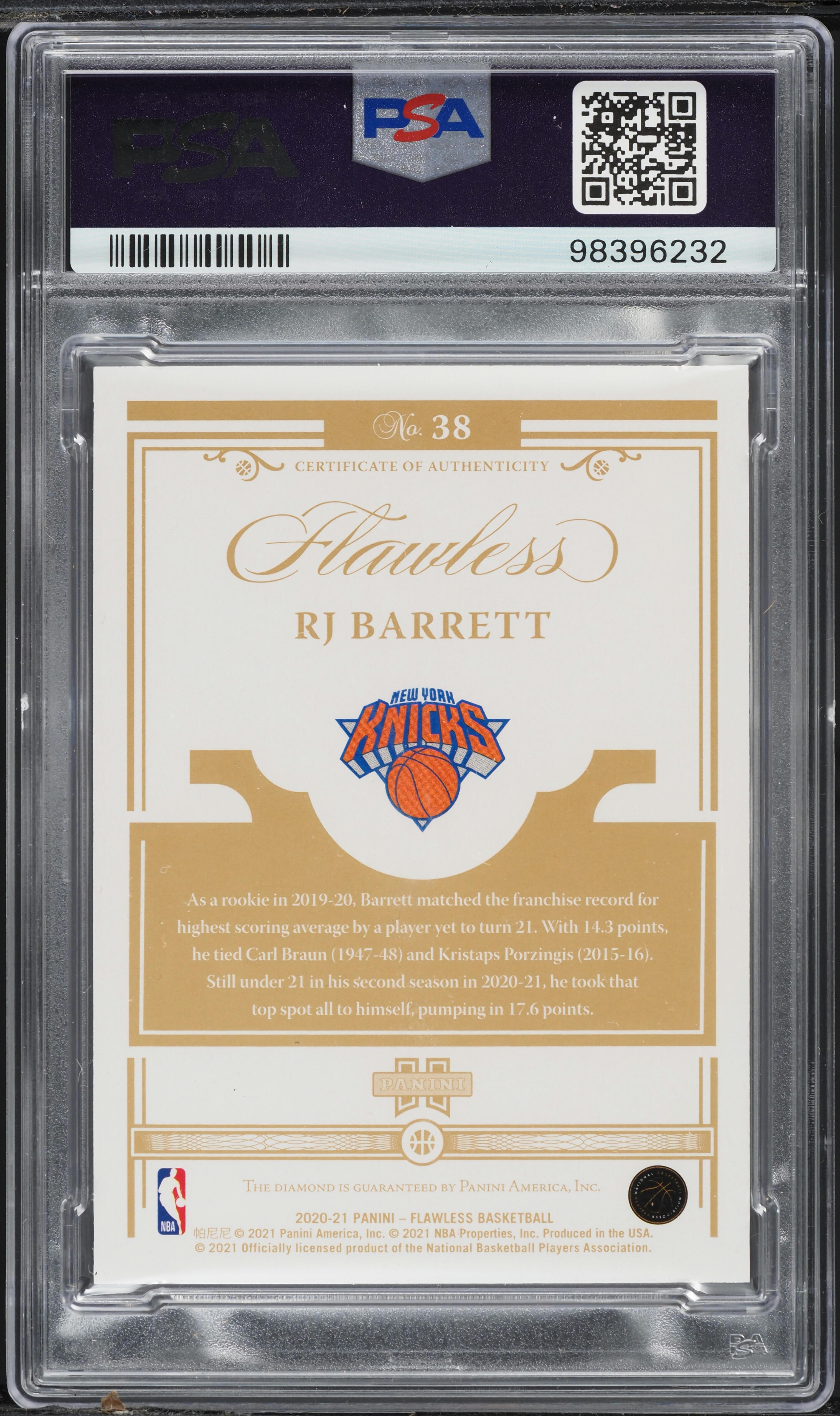 2020 Panini Flawless Diamond RJ Barrett /20 #38 PSA 10 GEM MINT on