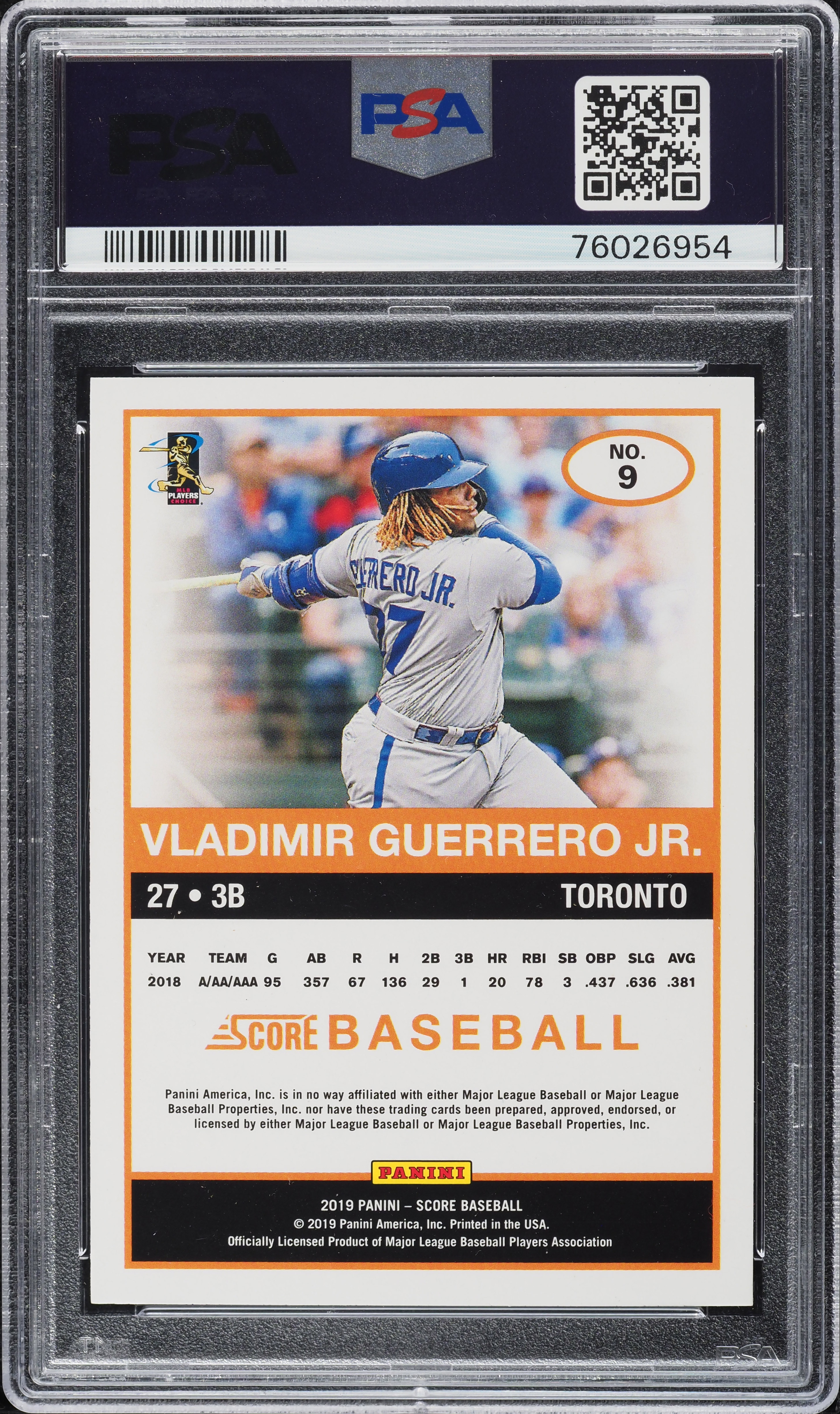 2019 Panini Chronicles Score Vladimir Guerrero Jr. ROOKIE #9 PSA