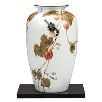日本の伝統工芸品【九谷焼】 10号花瓶 鳥にからす瓜 台付 山田龍山 (K9