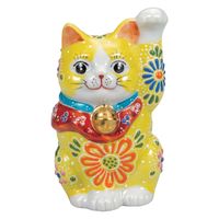日本の伝統工芸品【九谷焼】 5.5号横座招き猫 黒盛花と蝶 (K9-1641