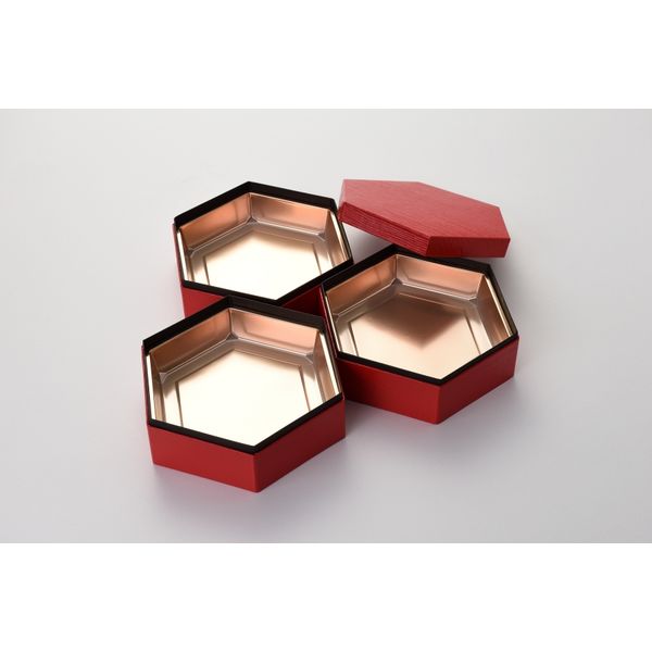 瑞光明 料理・弁当箱 和膳 六角形 大 赤漆 6K-3赤金 【3段100組