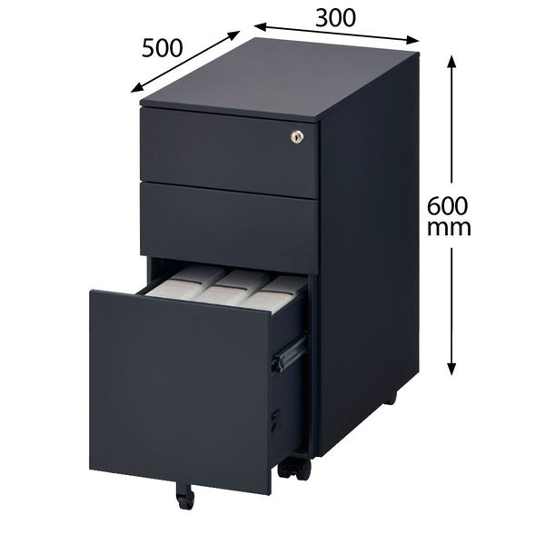 TOKIO スリムキャビネット 3段 幅300×奥行500×高さ600mm ブラック FWGN