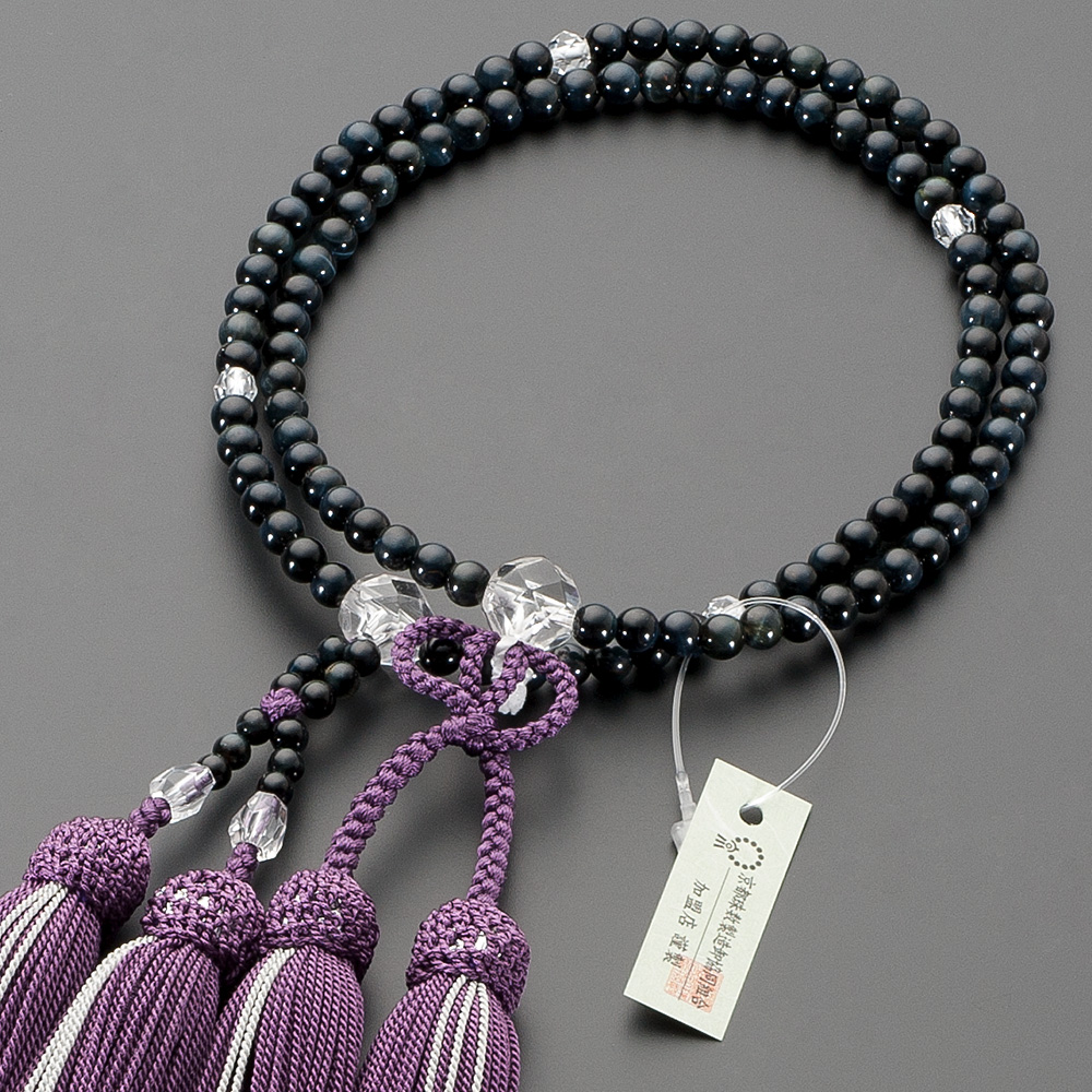 浄土真宗用本式数珠【女性用】 青虎目石 カット本水晶仕立 8寸 | 滝田商店