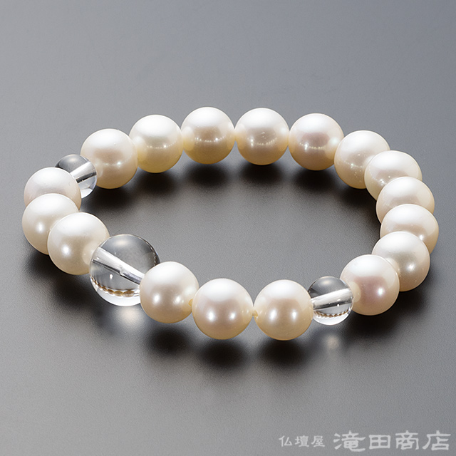 特選腕輪念珠 天然石ブレスレット 淡水パール（白） 本水晶仕立 10mm玉