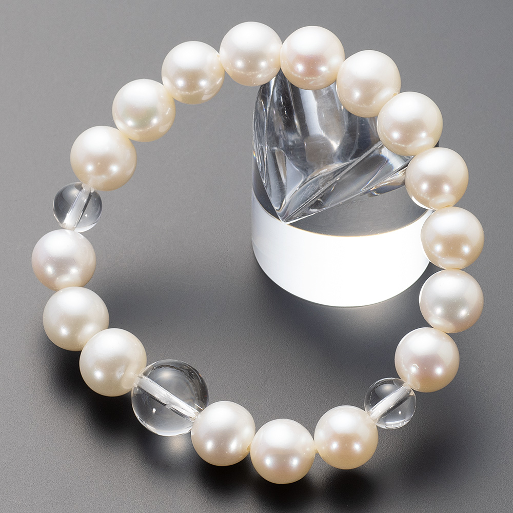 特選腕輪念珠 天然石ブレスレット 淡水パール（白） 本水晶仕立 10mm玉