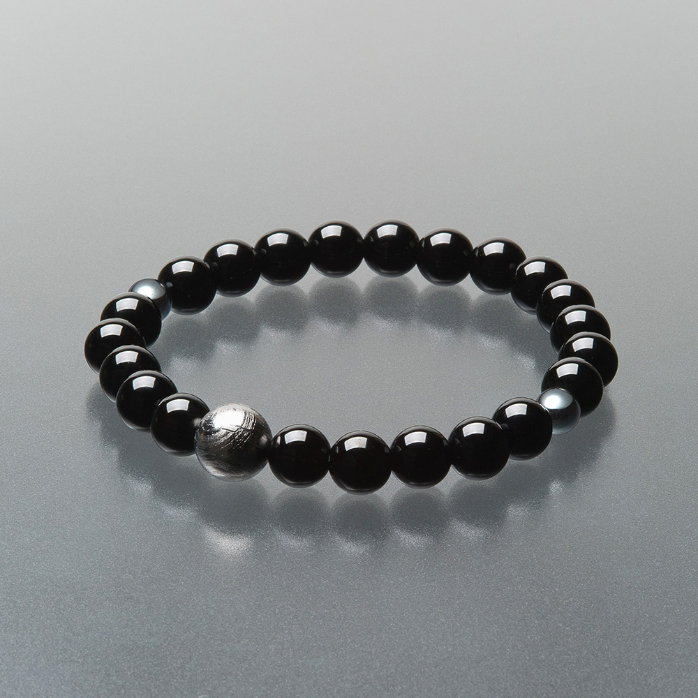特選腕輪念珠 天然石ブレスレット 親玉ギベオン隕石 黒オニキス 8mm玉