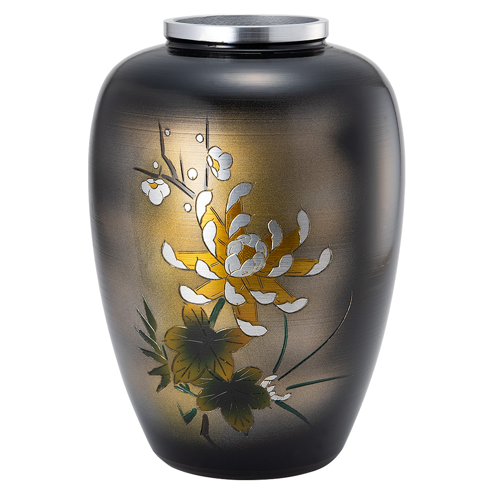 仏壇用花瓶・お盆用花瓶 アルミ製 太夏目型 菊四君子彫金入り (一対) 9