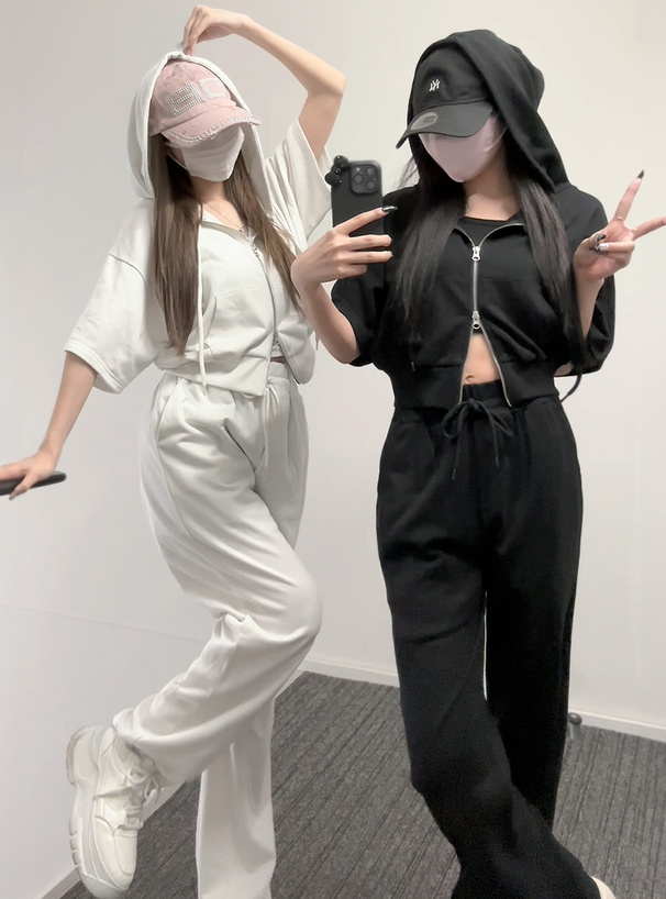 ショート丈パーカー×キャミ×ワイドパンツ裏毛セットアップ[pm229a