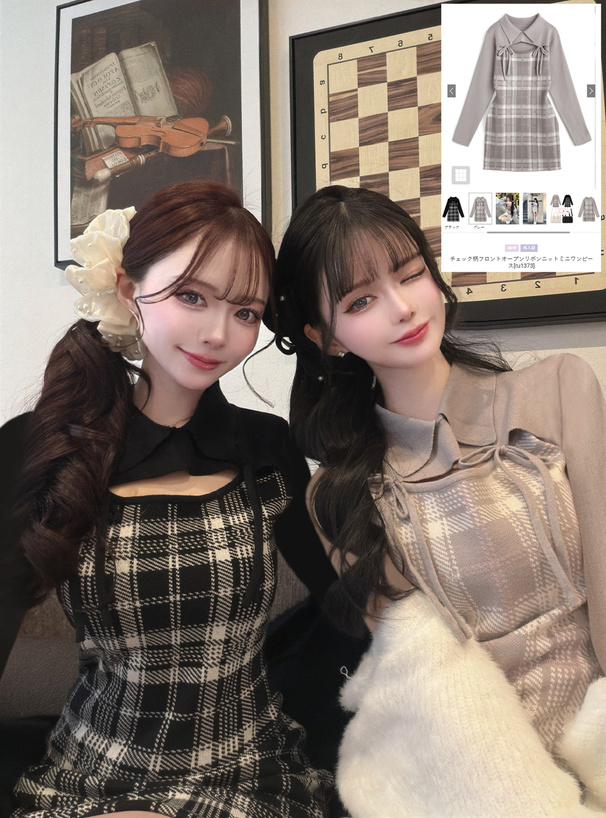 チェック柄フロントオープンリボンニットミニワンピース[ru1373