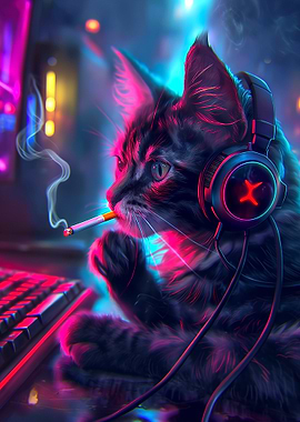 Neon Gamer Cat' Poster, picture, metal print, paint by Pixel Prism
