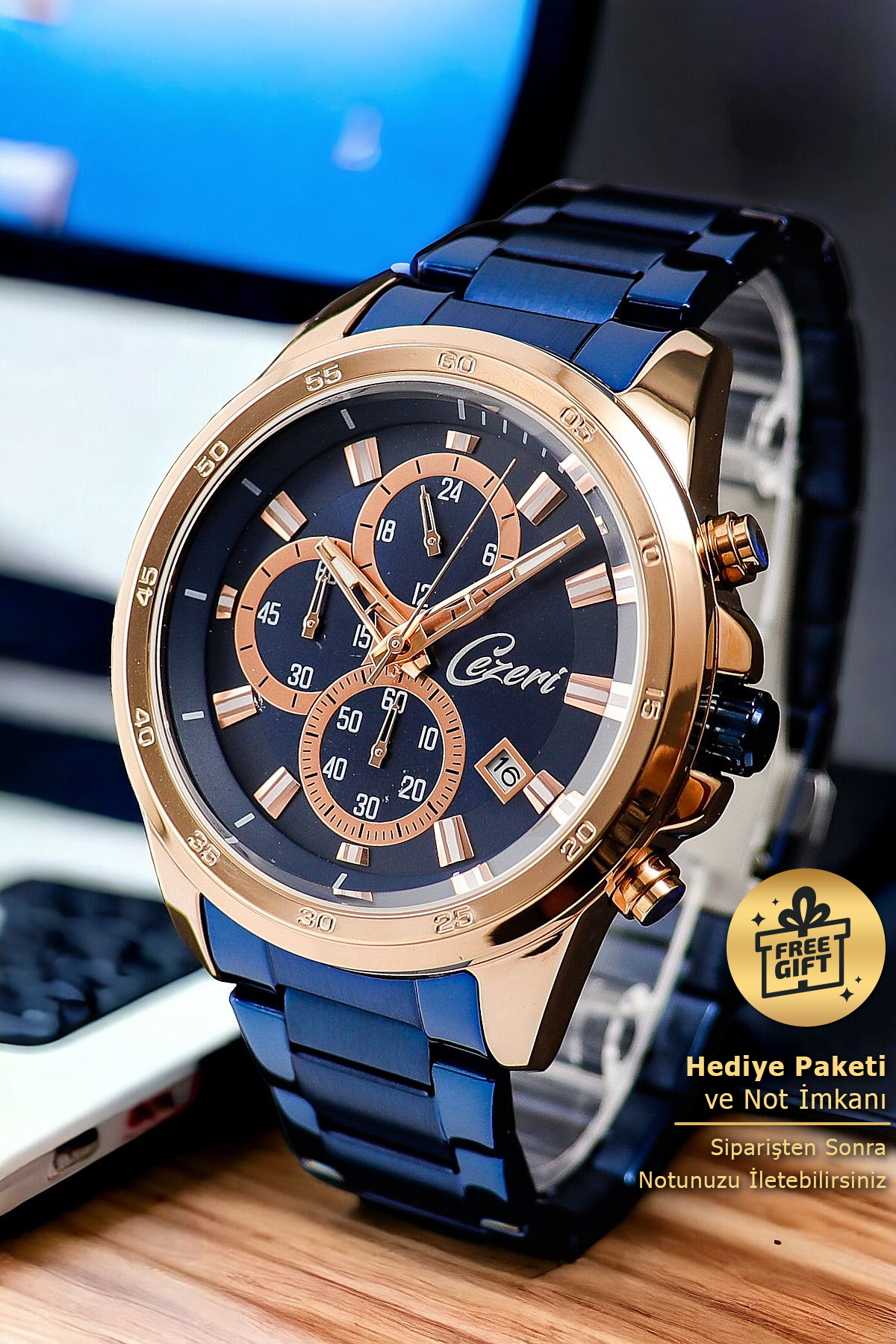 Cezeri Orijinal Fonksiyonlu Takvimli Kronometreli Bakır Siyah