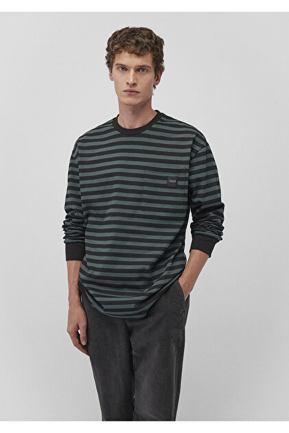 Mavi Çizgili Yeşil Tişört Loose Fit / Bol Rahat Kesim 0612408