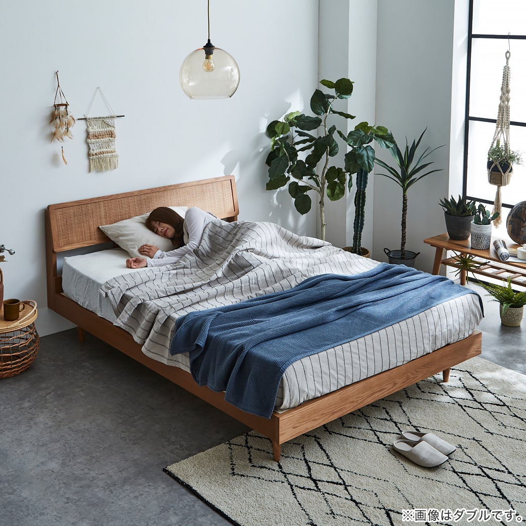 ビレ ラタンベッド すのこベッド クイーン ベッド単品のみ 木製 オーク