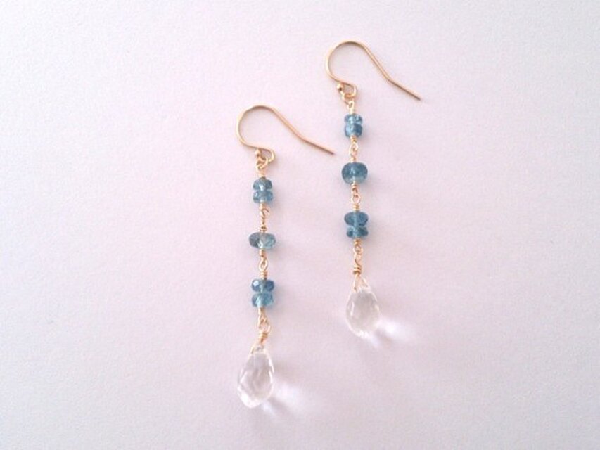 14kgf 天然石サンタマリアアクアマリンとクリスタルクォーツのピアス