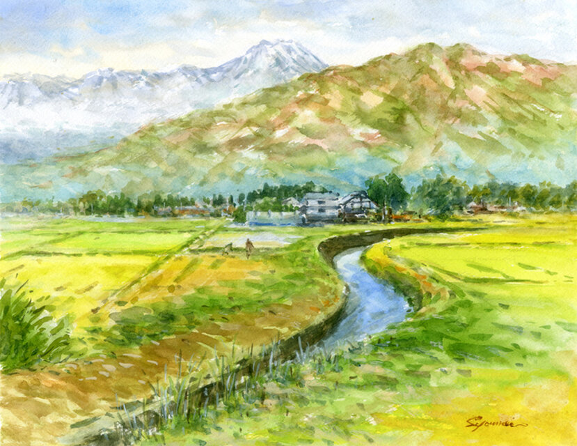 水彩画原画 常念岳と安曇野田園 ＃606 | iichi 日々の暮らしを心地よく