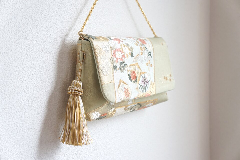 色紙 蝶々 花 貝合わせ模様 ライトグリーン シルク帯リメイク 2Way