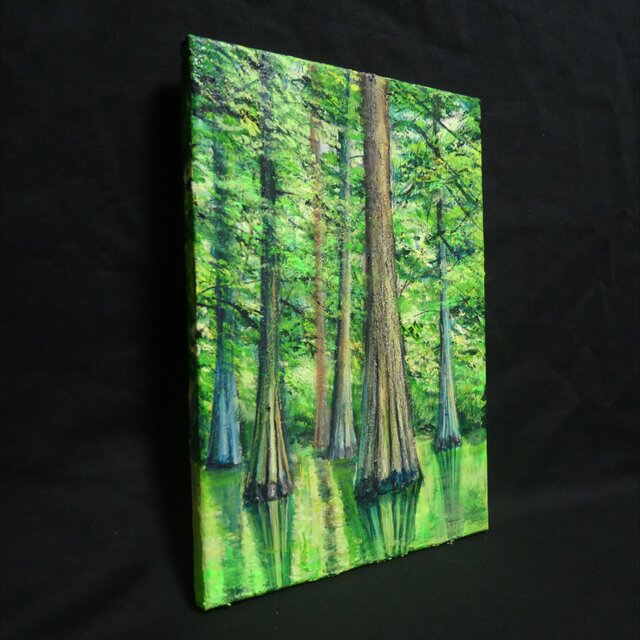 油絵 【水面に映るラクウショウの森﻿】 | iichi 日々の暮らしを