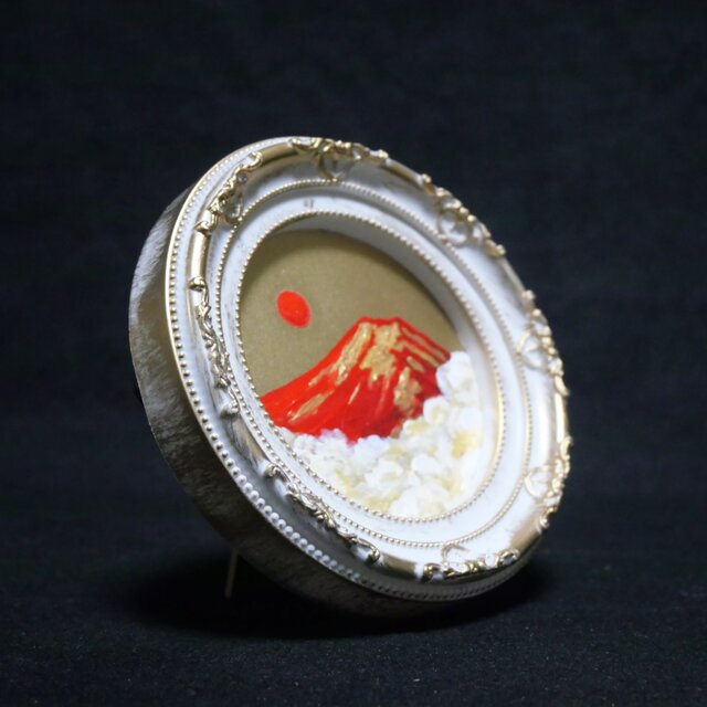 油絵 円形ミニ絵画 【赤富士】【金】 | iichi 日々の暮らしを心地よく