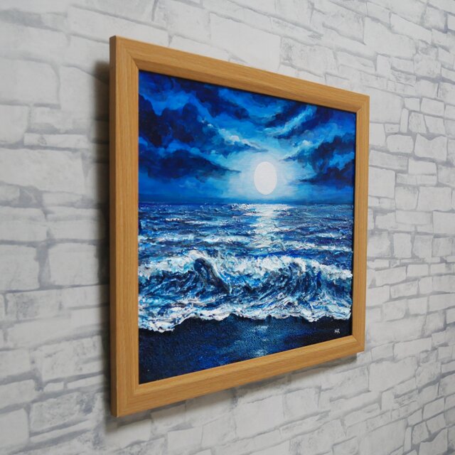 油彩画『月明かりの海』夜の静寂と波のきらめき｜原画・一点物 | iichi