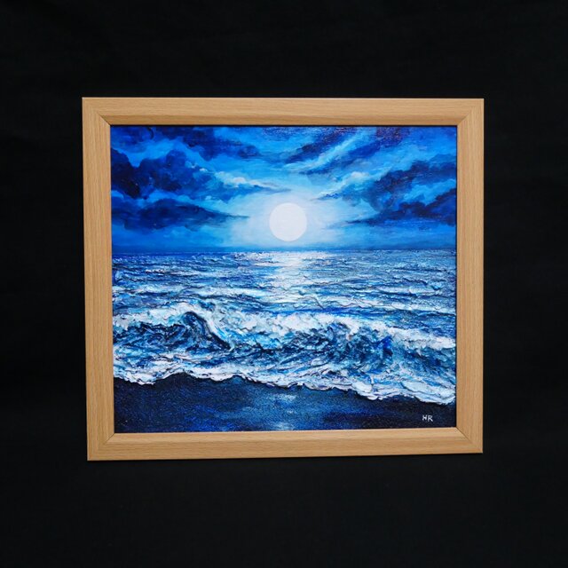油彩画『月明かりの海』夜の静寂と波のきらめき｜原画・一点物 | iichi