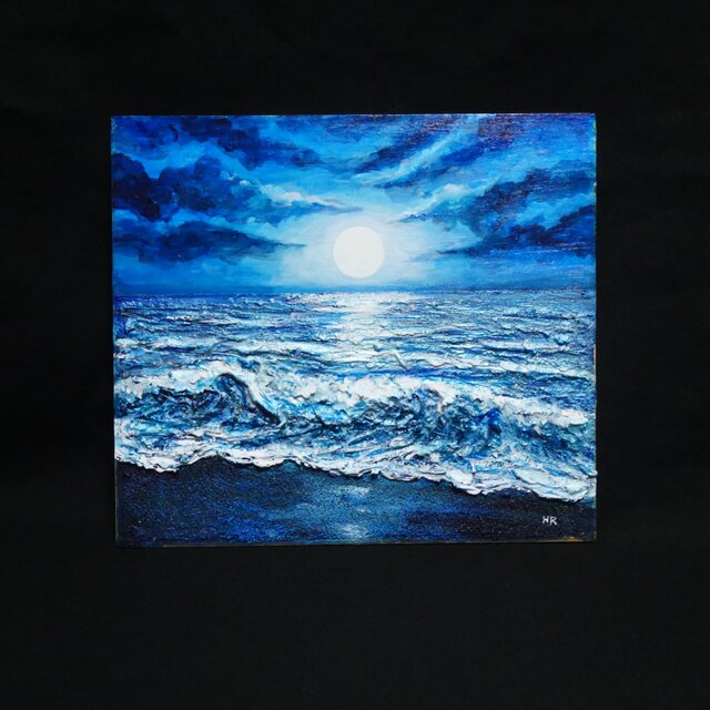 油彩画『月明かりの海』夜の静寂と波のきらめき｜原画・一点物 | iichi