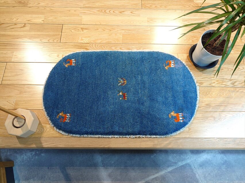 ペルシャ ギャッベ 玄関マット ラグ 80Φ46cm 楕円形 小判型 青色 ヤギ