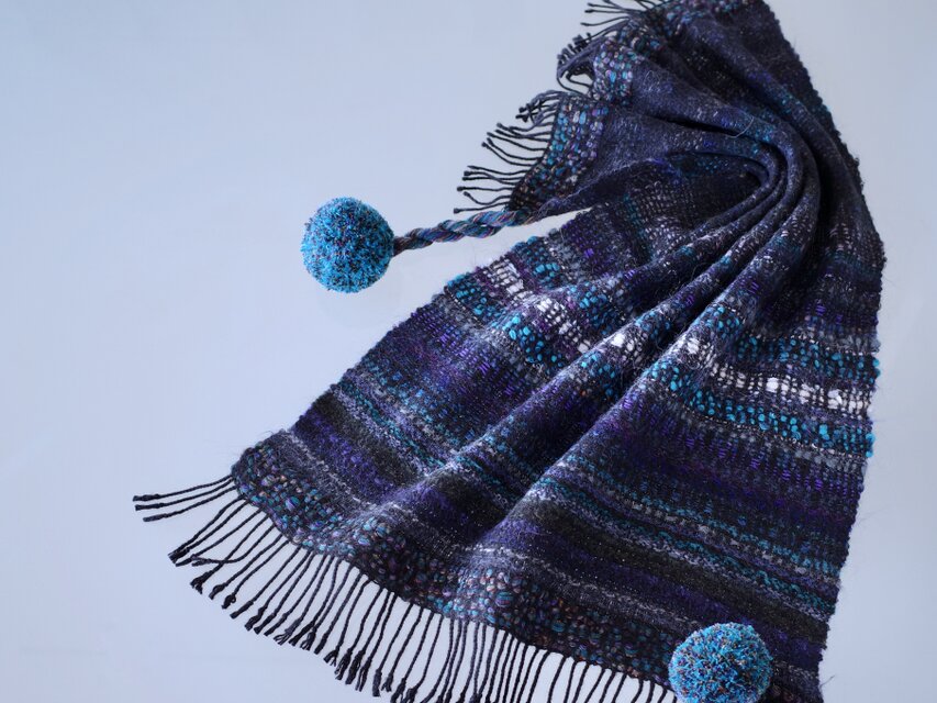手織り ポイントツイル織 ポンポンマフラー Handwoven TMMS22139
