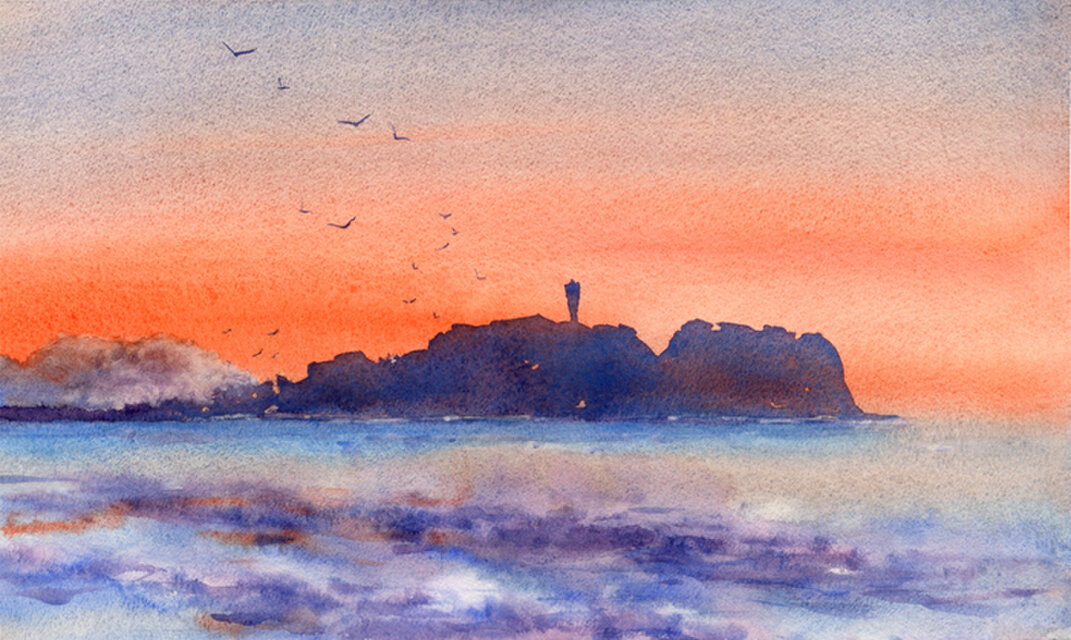 水彩画原画 朝焼け江の島 ＃603 | iichi 日々の暮らしを心地よくする