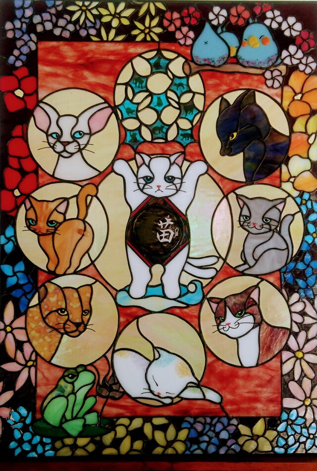 黒猫とキャットフード ヴィンテージ ステンドグラス ローウェル
