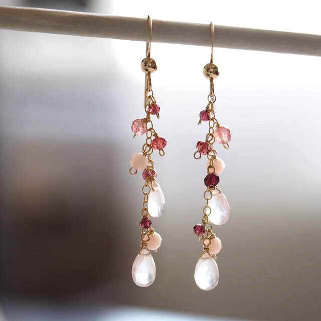 14kgf：ローズクォーツとガーネットのピアス（イヤリング）№9047