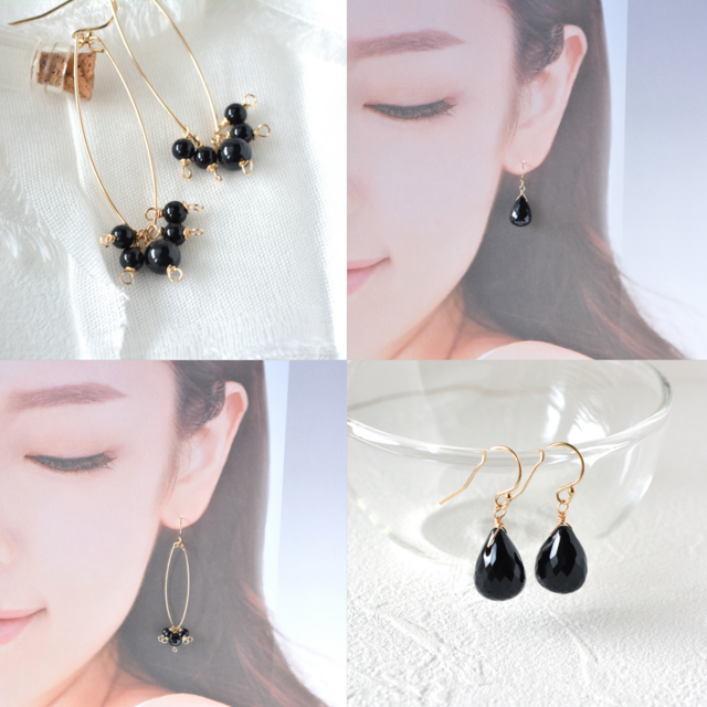 14KGF ピアス 2点セット 黒い 天然石・オニキス、ブラックスピネル