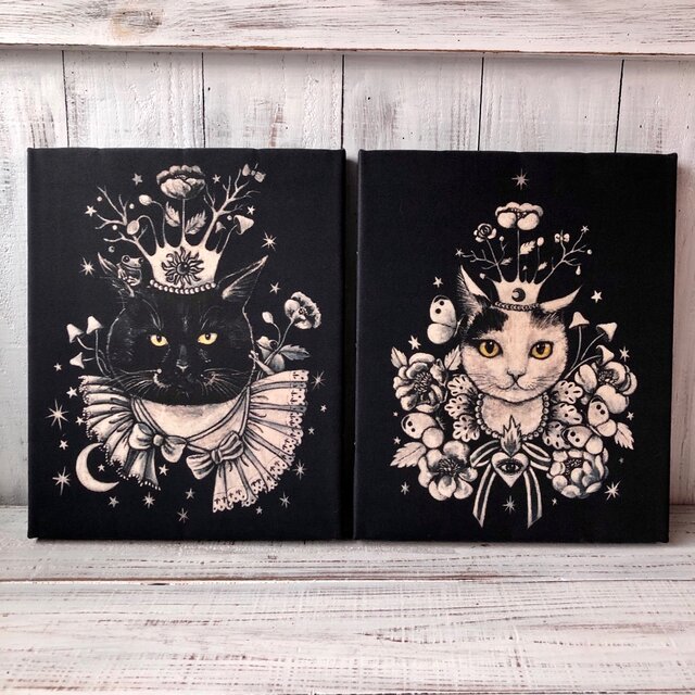 星月猫☆アート「Queen」絵画 木製パネル貼り F3サイズ複製画「006」猫