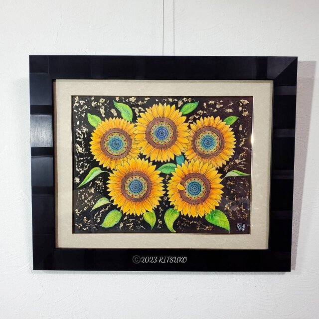 原画 1点もの 肉筆 向日葵 ひまわり ヒマワリ 額装付き ボールペン画
