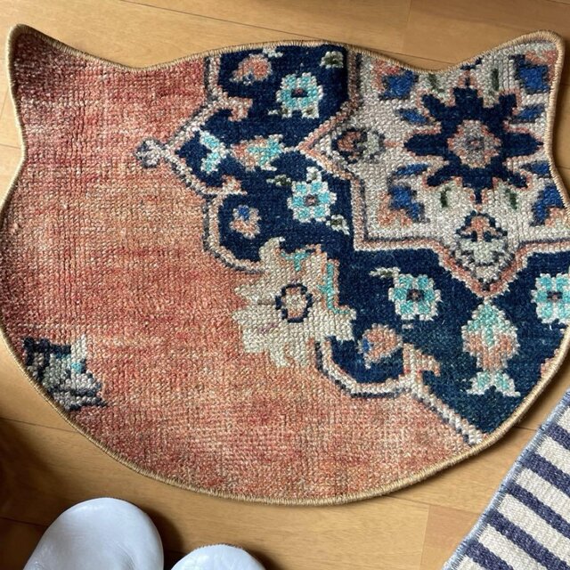 猫ラグ 40×50 夕焼けオレンジ ネイビー トルコヴィンテージラグ