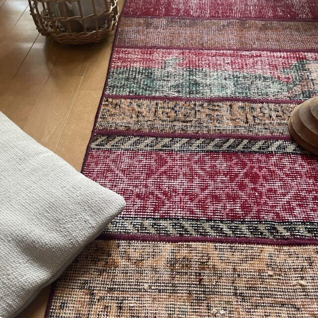 62.5×142 パッチワークラグ ボルドーステッチ トルコヴィンテージラグ