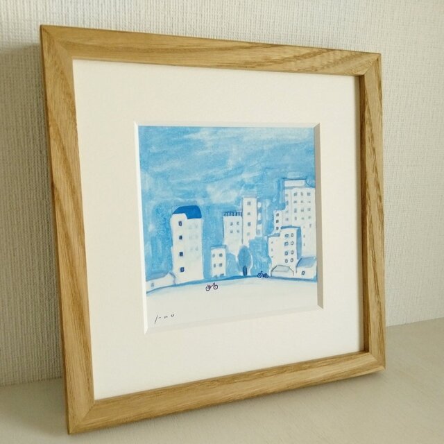 朝の町並み」原画 ※木製額縁入り（18㎝角）一点物 水彩 イラスト