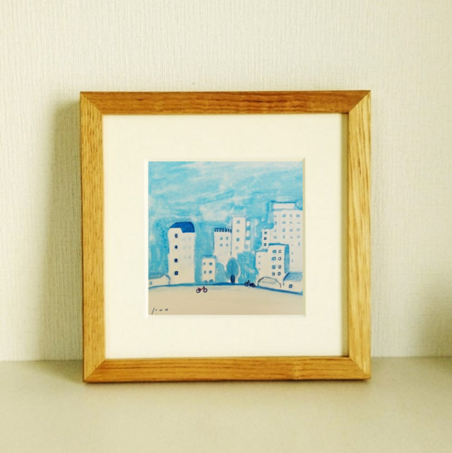 朝の町並み」原画 ※木製額縁入り（18㎝角）一点物 水彩 イラスト