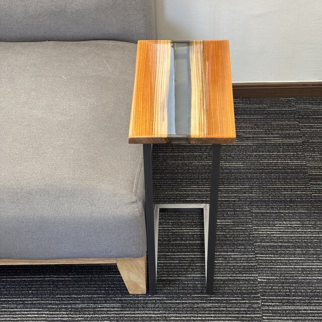 サイドテーブル アイアン 欅 無垢材 木製 天然木 一枚板 コの字