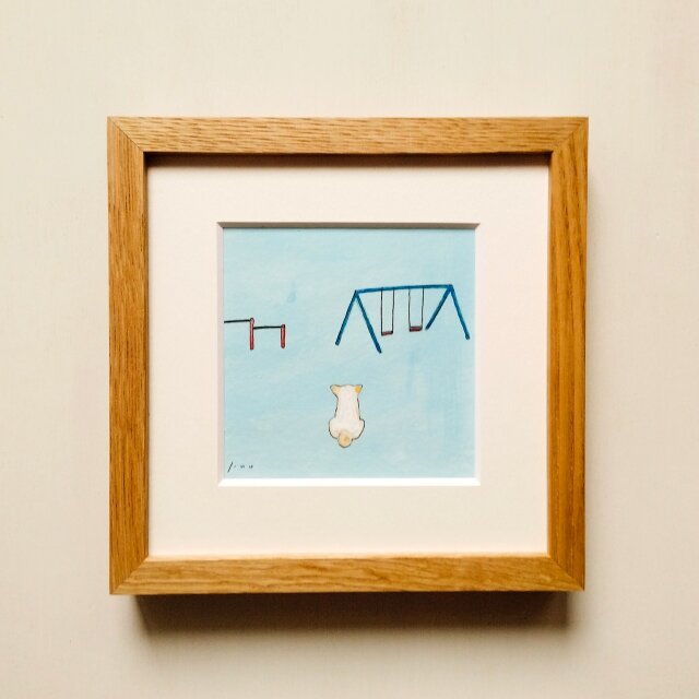 ブランコ」原画 ※木製額縁入り（18㎝角）一点物 水彩 イラスト 北欧