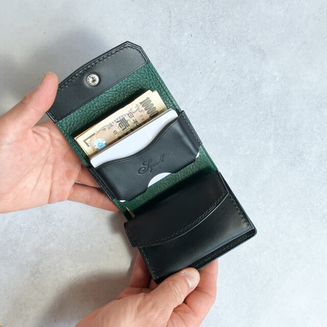 三つ折りコンパクト財布(ブルー×チョコ) イタリアンレザー バイカラー