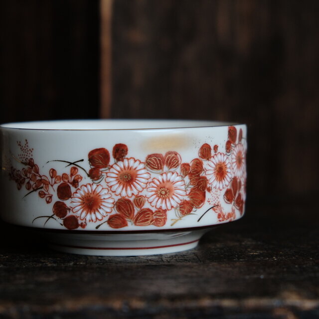 お正月に◇美しい赤絵。久谷焼 花文赤絵金彩盛鉢 小鉢 和食器 工芸品