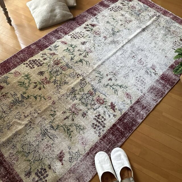 111×207 擦れシャビー 幸せな青い鳥 トルコヴィンテージラグ | iichi