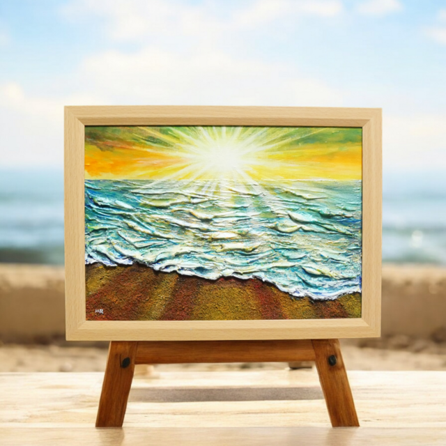 油絵 【潮風のまどろむ浜辺で】 海の絵 朝焼け 砂浜 アート | iichi